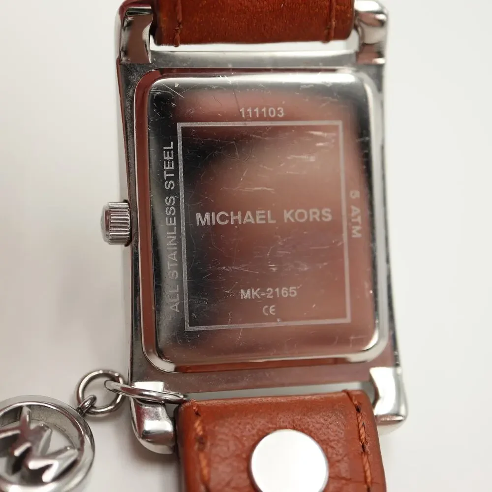 Michael Kors Taylor Tank 26mm Silver Tone Watch Brown Leather w New Battery
